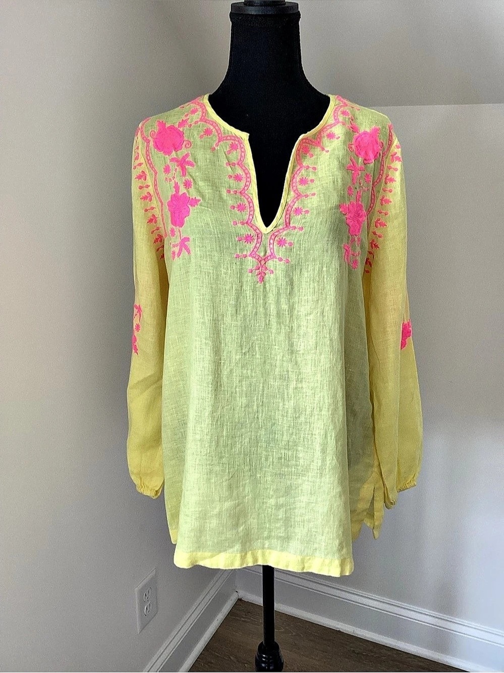 Lilly Pulitzer Linen Tunic Medium Yellow Pink Embroidered Palm Beach Resort
